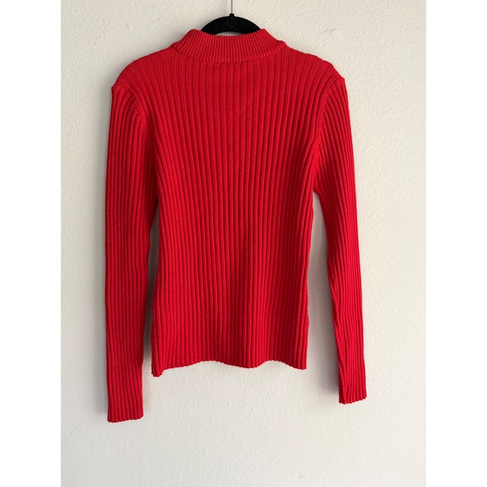 Bebe Red Ribbed Mock Neck Sweater Faux Pearl Logo Long Sleeve Top Large - Picture 4 of 4